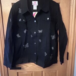 Quacker Factory Butterflies Embellished Stretch Black Jean Denim Jacket Coat XL